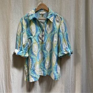 JM collection Linen Popover Tunic Blue Swirl size 18